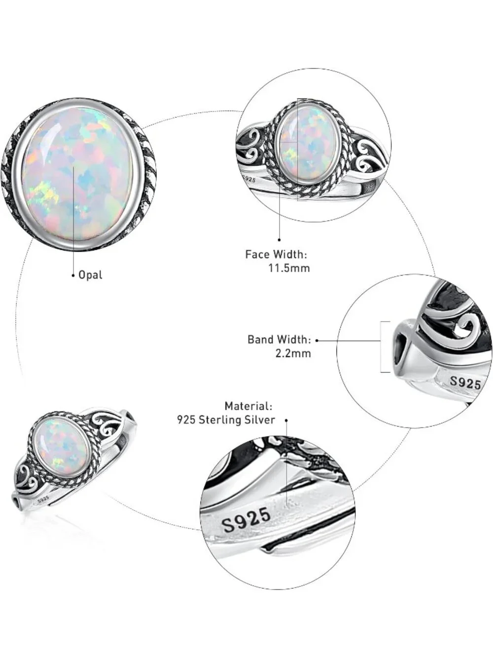 Women's Opal 925 Sterling Silver Oval Adjustable Natural Stone Ring